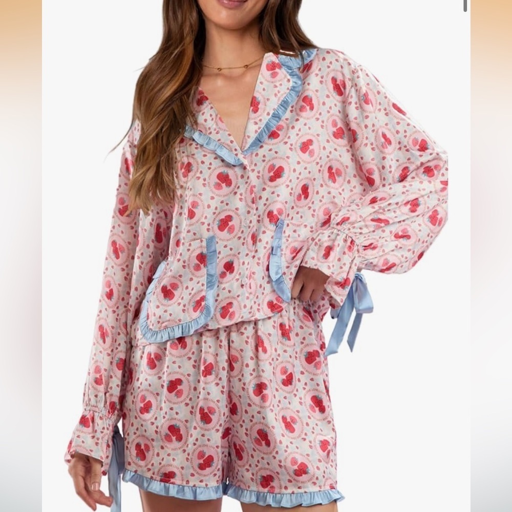 Cute Pajamas for Women Bow Tie Long Sleeve 056